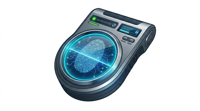 Secure access device with fingerprint scanner displays blue digital fingerprint design and screen menu