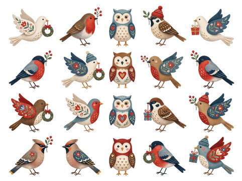 Christmas Folk Art Birds Clipart Set with Robins, Owls, and Sparrows