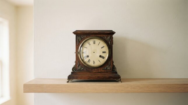 Vintage wooden mantel clock on decorative shelf