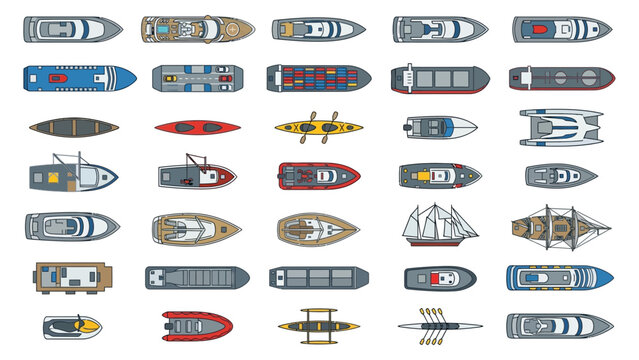 Set of various boats and watercraft in top view showing different types of ships yachts canoes and speedboats for transportation and nautical design projects in a flat vector illustration style Vector