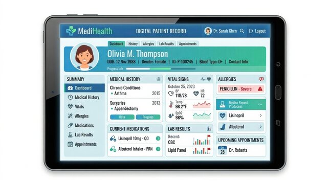 Healthcare app showing digital patient record on tablet screen with personal and medical details of a patient