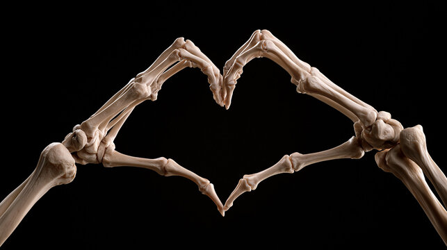 skeleton hands forming a heart symbol of love and affection, skeletal hands making heart gesture with gothic symbolism, eerie skeleton hands creating a heart gesture for halloween