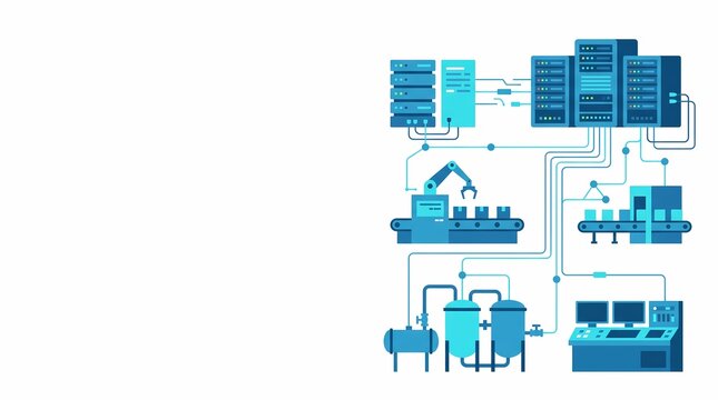 server rack, smart factory, scada system managing industrial automation network. A blue flat design digital drawing illustration of cyber physical mechatronics equipment with a large left copy space