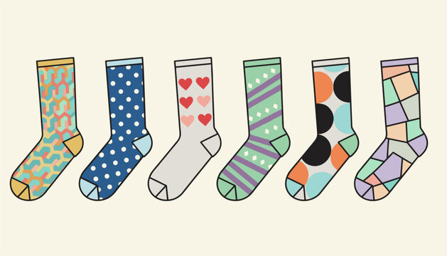 Lineup of six pairs of creative and colorful patterned winter socks with diverse geometric, polka dot, and heart designs.