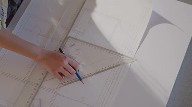 Top down view of hands using triangle ruler and pencil to draft architectural floor plan beside scissors and highlighter on desk