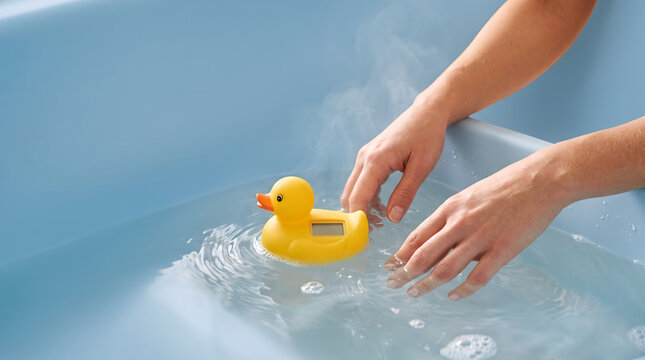 Baby bath time with rubber duck thermometer