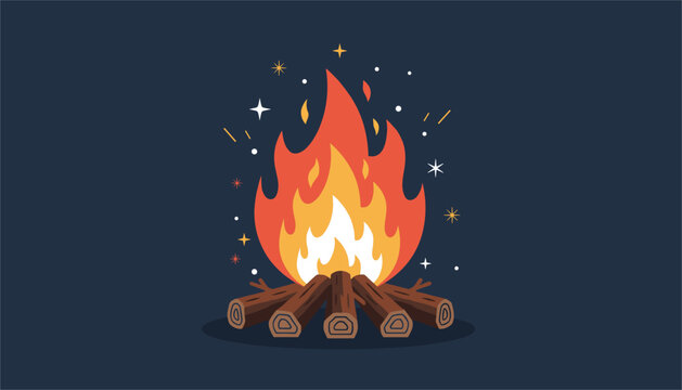 Bright bonfire with yellow and red flames crackling over wooden logs under a starry night sky in vector style.