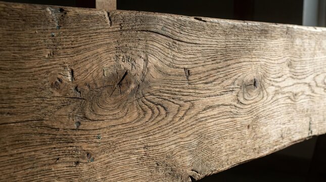 Close up of a rustic wooden beam with visible grain and knots
