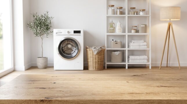 Empty wooden tabletop with blurred modern laundry room background for product display mockup
