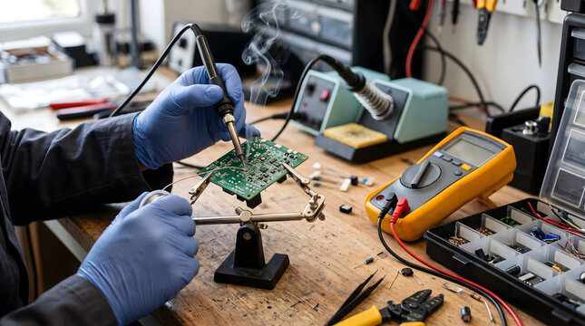 Electronics repair technician soldering circuit board with tools