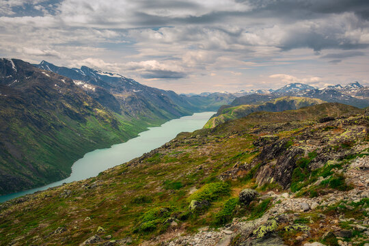 Landscape view of wild mountains and a lake, Besseggen ridge, Jotunheimen, Norway