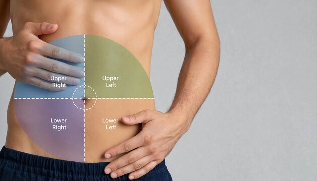 close-up of a male torso with a medical diagram dividing the abdomen into upper right, upper left, lower right and lower left quadrants