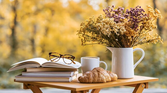 Autumn leaves glow softly behind a wooden table. Books rest beside a pair of eyeglasses