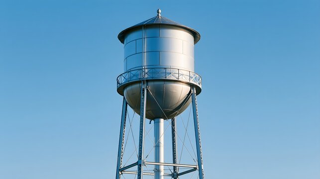 Metal water tower stands tall against clear blue sky.
