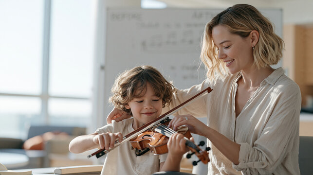 A music teacher guides a child's bow across violin strings in a hospital common room, a before-and-after whiteboard behind them shows a student's progression in notation skills,