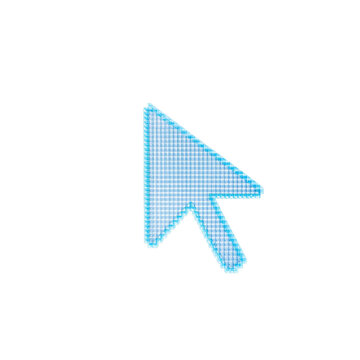 Bright blue pixelated computer mouse cursor arrow floating against a deep solid black background setting isolated on a transparent background