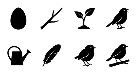 Fototapeta premium Spring Bird Icons, Egg, Sprout, Feather, Watering Can, Branch, Nature Symbols
