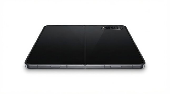 Foldable smartphone displayed on a clean surface showing a sleek design and camera features with no visible brand or logo