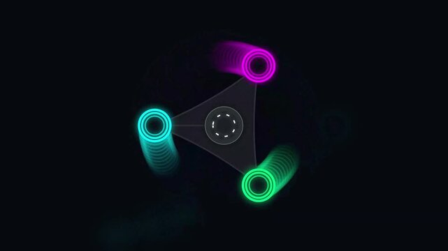 Rotating neon fidget spinner with glowing cyan and magenta rings