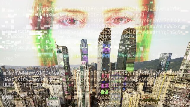 futuristic technology city with code and face scan woman