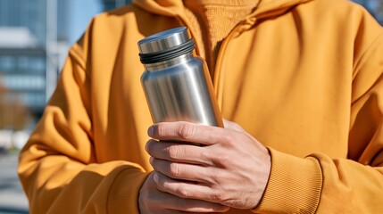 Naklejka premium Person holds metallic water bottle in hands.