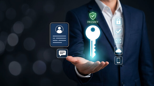 Businessman holding glowing passkey icon for secure online authentication access