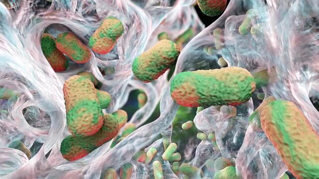 Acinetobacter baumannii biofilm, 3D animation showing clustered coccobacillary cells embedded in extracellular polymeric matrix with dense layered microbial structure.