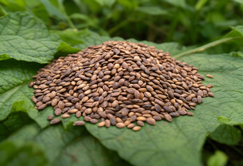 Obraz premium Pile of brown watermelon seeds on a large green leaf, agriculture and natural food concept, close up macro view