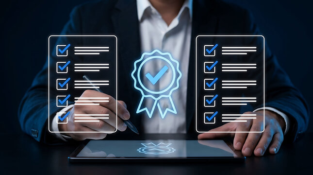 Businessman using tablet for quality control check list approval standard guarantee