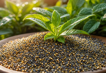 Obraz premium Young green plant growing from a pile of dark and golden seeds, agriculture and new life