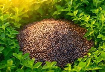 Obraz premium Pile of flax seeds surrounded by fresh green leaves with warm sunlight, agriculture and healthy eating