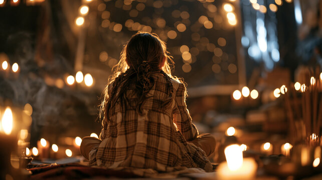 A child sits cross legged on the floor in a candlelit astrology consulting room, gazing up at a constellation chart pinned to the wall, hand drawn cultural memory maps and