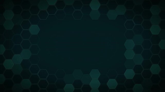 Dark teal geometric background with glowing hexagon border and central copy space