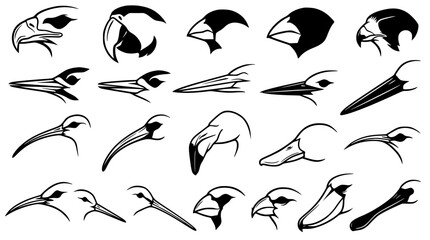 Obraz premium Bird Beak and Head Silhouette Icon Set Featuring Profile Shapes of Eagle Toucan Flamingo Duck Woodpecker Finch Pelican and Exotic Avian Wildlife Symbols