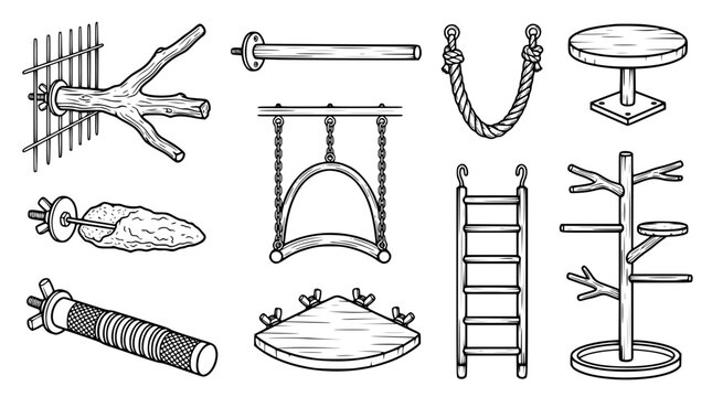 Pet Bird Cage Accessories and Toys Hand Drawn Outline Icon Set with Wooden Perches Swing Ladder Rope Tree Stand and Cuttlebone Symbols
