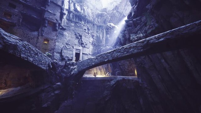 Lit underground amphitheater with winding bridges, warm lantern pockets, layered terraces, damp stone steps and reflective pools conveying theatrical, cinematic