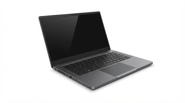 Laptop sitting on a white surface with a blank screen showing the device design and layout from an angled view