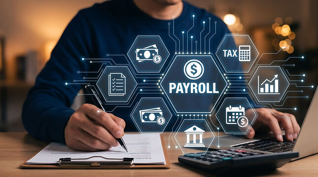Businessman using digital payroll online banking system for tax and payment process
