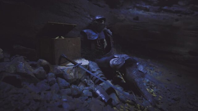 Subterranean battlefield remnant with scattered armor and rubble, echoing silence and dust motes in weak light signs of struggle, broken weapons, toppled shield