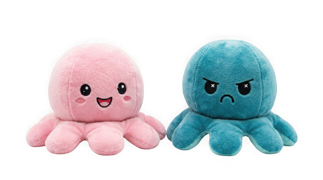 Two reversible plush octopus toys with happy and angry expressions isolated on transparent background