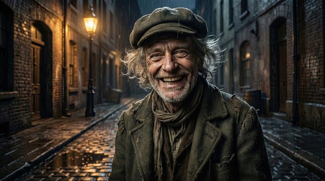 Street Musician's Smile: A weathered man with a warm smile and a worn cap stands on a cobblestone street at night, illuminated by the soft glow of a gas lamp, exuding resilience and character.