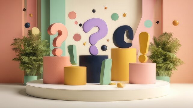 3D alphabet, punctuation marks, question marks and exclamation points, designed to convey a conceptual idea related to questions or decisions