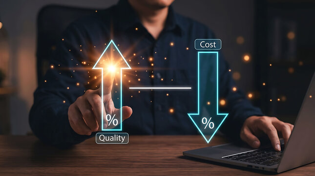 Businessman optimizing high quality growth while reducing operational costs on laptop