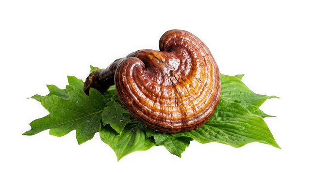 Reishi mushroom on green leaves isolated on transparent background