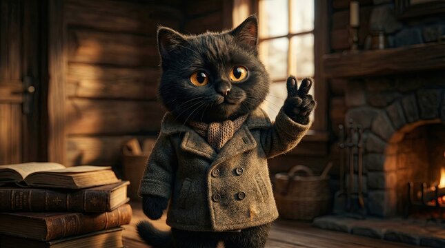A Dapper Cat Diplomat: A sophisticated black cat, adorned in a tweed coat and scarf, offers a peace sign with a friendly demeanor, set against the cozy backdrop of a rustic library.