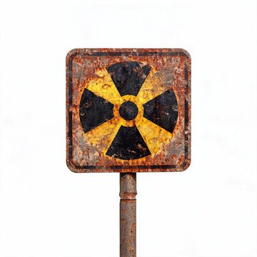 Heavily rusted radioactive warning sign on a weathered pole, isolated on white. Symbolizes danger, decay, nuclear hazard, and environmental risk.