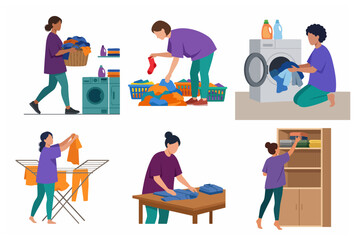Fototapeta premium Set of flat vector illustrations of women doing laundry, washing, sorting, drying, folding, and organizing clothes in a closet.
