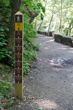 Wooden Directional Sign Marking Hiking Routes Through Peaceful Virginia Forest Preserve And Recreation Trails