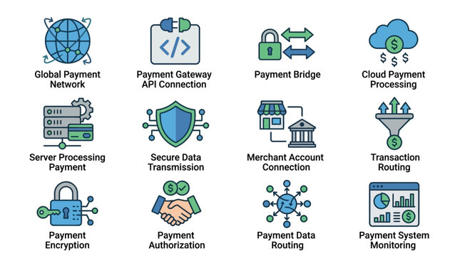 Payment Processing and Financial Transaction Line Art Icons Set