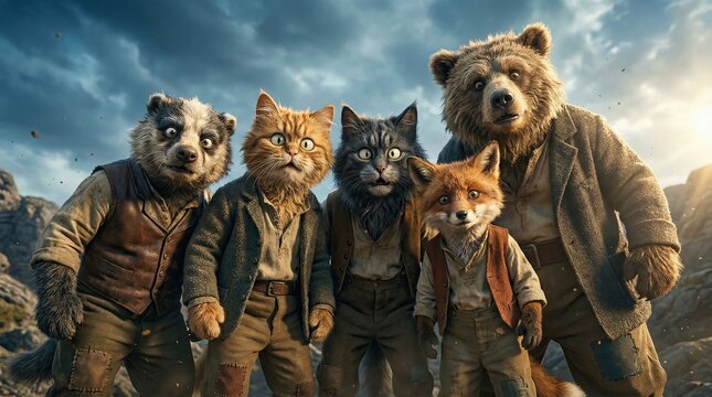 Fantastic Friends Assemble: A charismatic badger, two curious cats, a sly fox, and a sturdy bear stand together, a motley crew united by adventure under a dramatic sky.